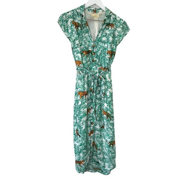 Maeve by Anthropologie Green Tiger Print Button Front Shirt Dress Size 2 - Picture 3 of 14